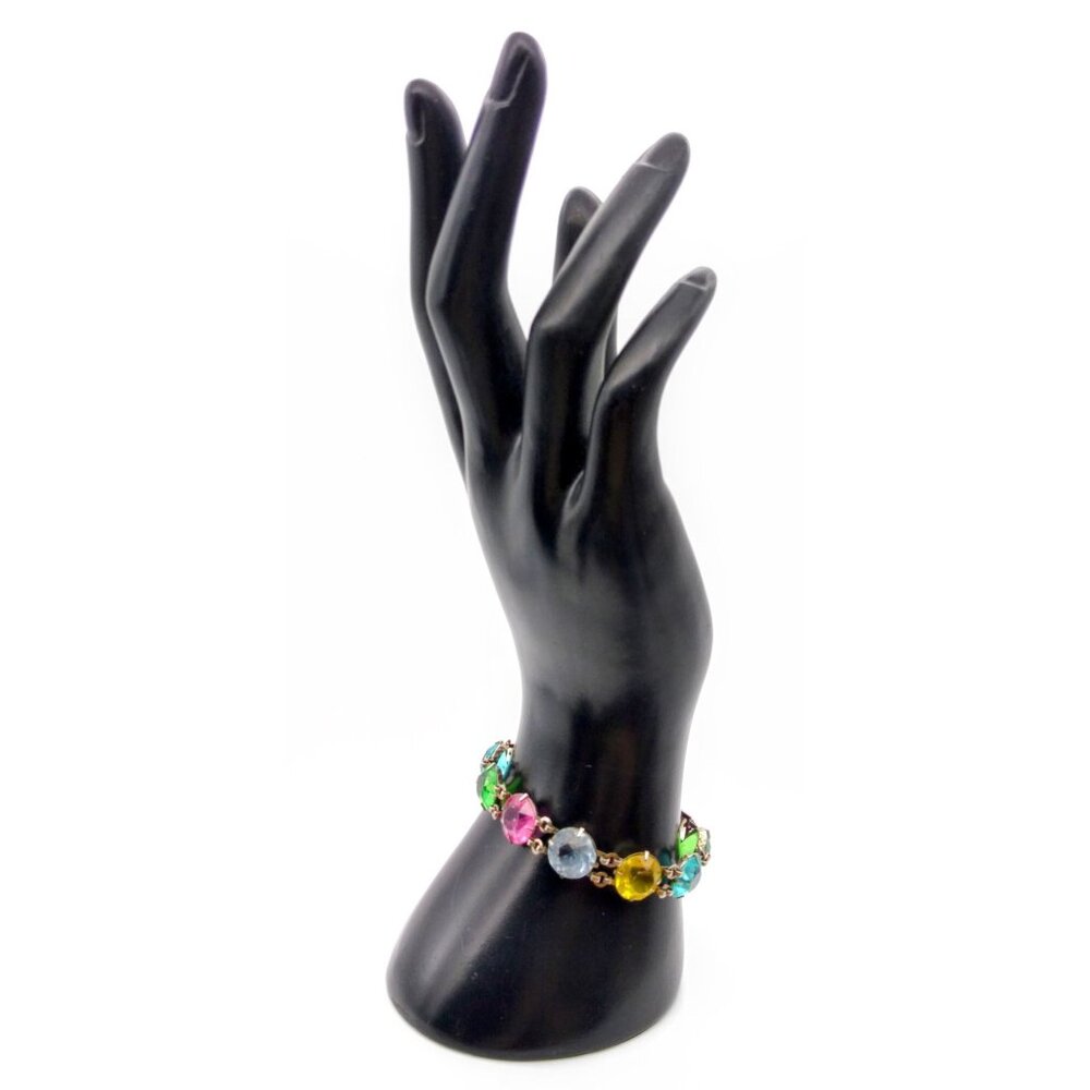 Colorful Vintage Link Bracelet, Lightweight Silver Tone Rainbow Bangle
